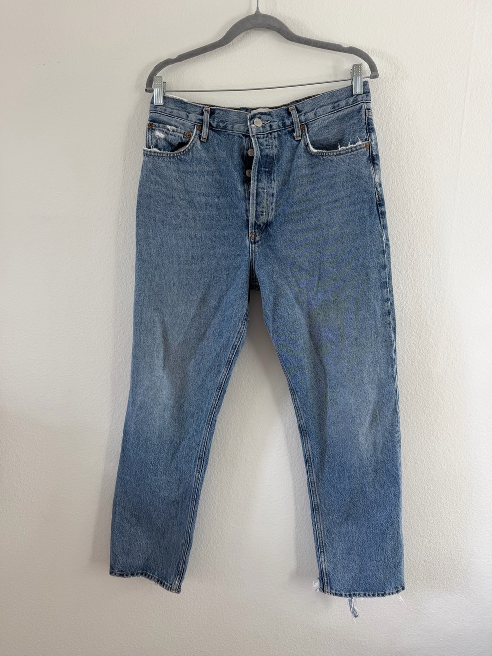 AGOLDE Women’s Buttoned Fly Straight Leg Distressed Bottom Jeans Size 30